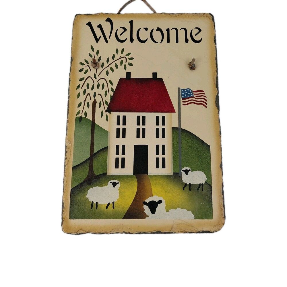 Primitive Folk Art Colonial Slate Sign Welcome House Flag Sheep Americana